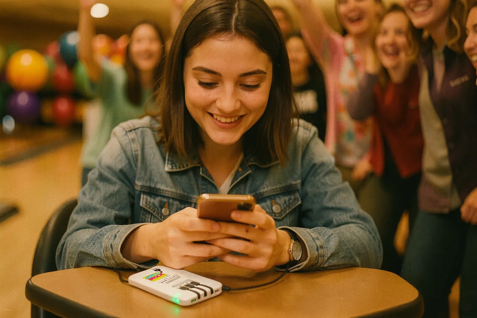 A young woman smiles at her phone while it charges from a power bank on the table, friends cheering behind her at a bowling alley