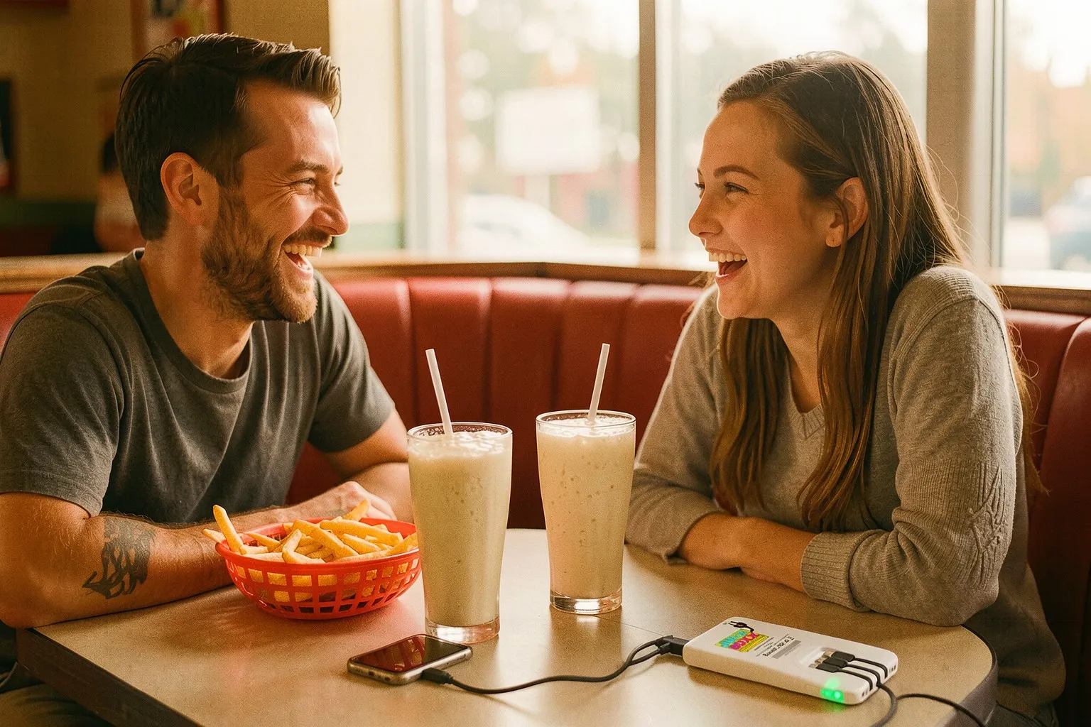 A couple laughing in a diner booth with a power bank charging a phone on the table