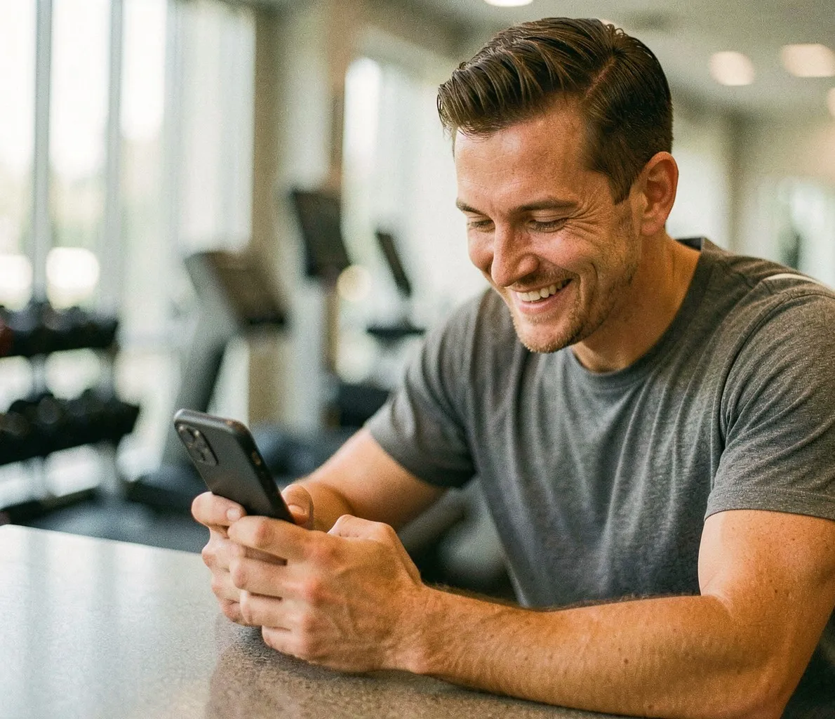 A smiling man checks his phone at a fitness center