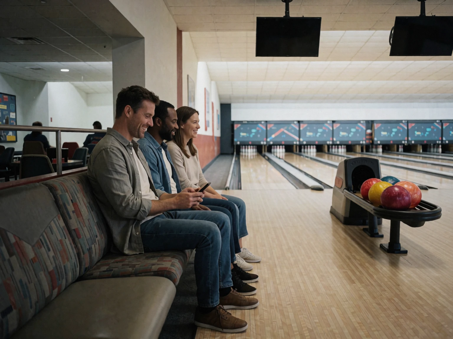 Man smiling at his phone while two friends watch the bowling lanes